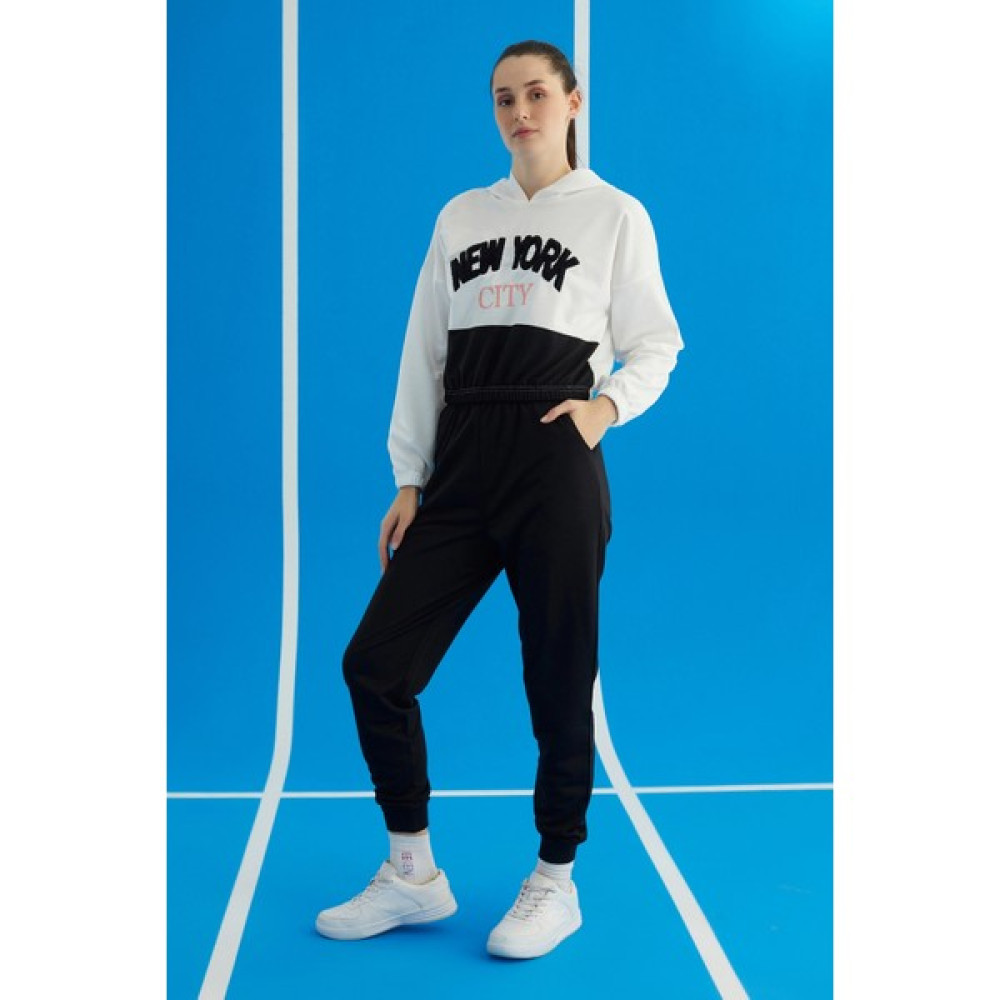 Say Sportswear Kapüşonlu Ekru Siyah Beyaz Kadın Eşofman Takımı Kadın Eşofman Fiyatı
