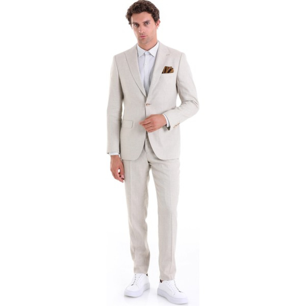 Saykı Bej Slim Fit Sivri Yaka Düz Keten Casual Takım Elbise Erkek Takım Elbise Fiyatı