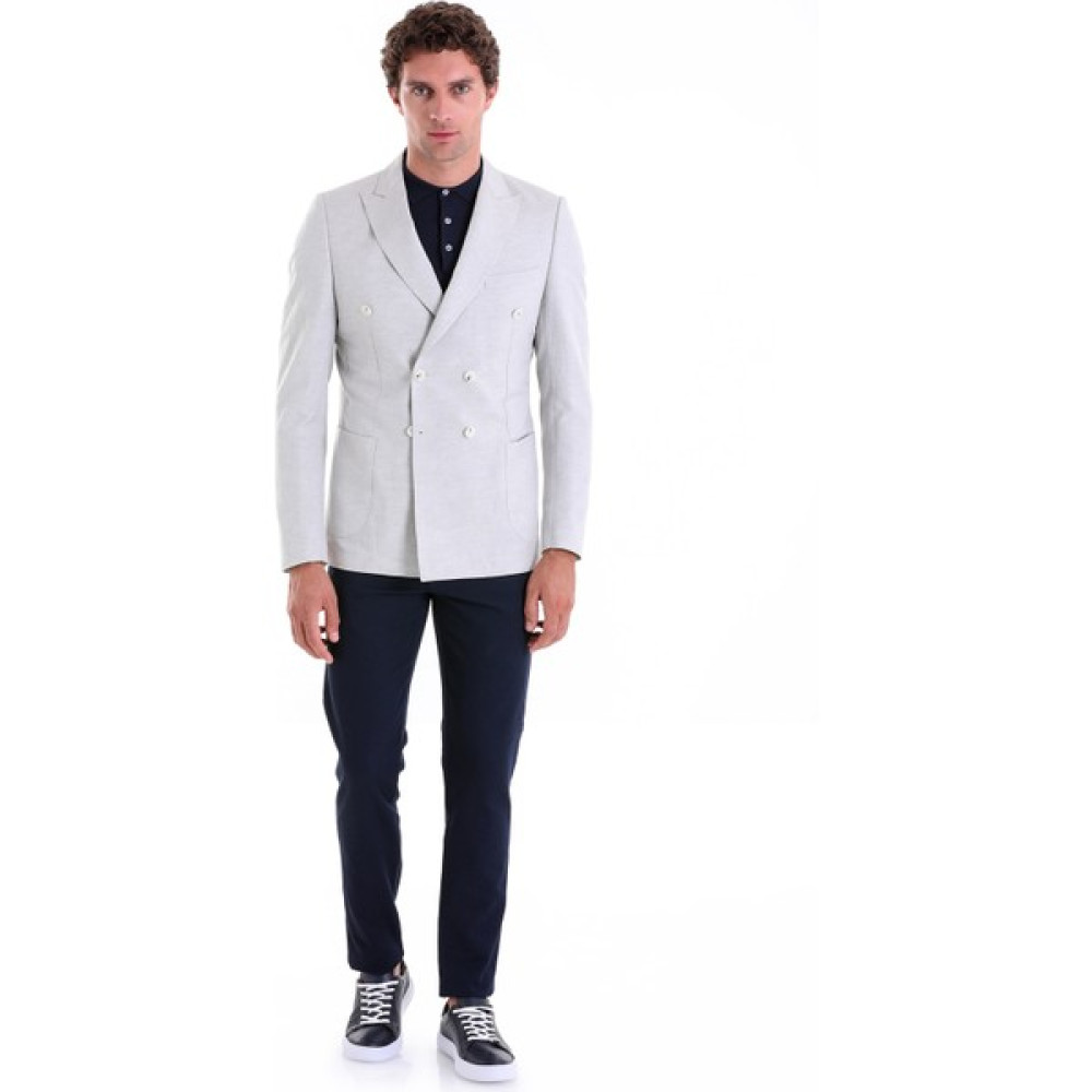 Saykı Gri Slim Fit Düz Sivri Yaka Kruvaze Keten Ceket Erkek Ceket Fiyatı