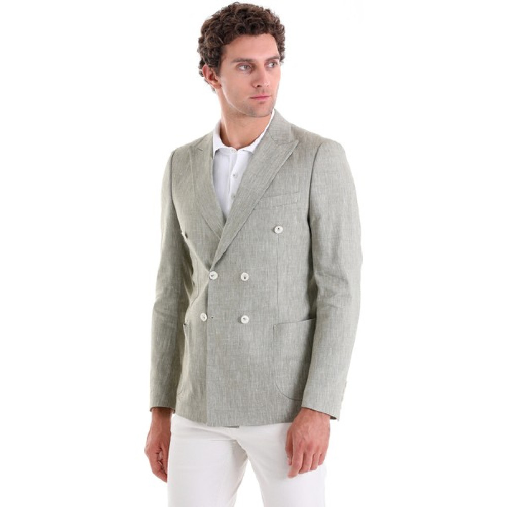 Saykı Olive Slim Fit Düz Sivri Yaka Kruvaze Keten Ceket Erkek Ceket Fiyatı