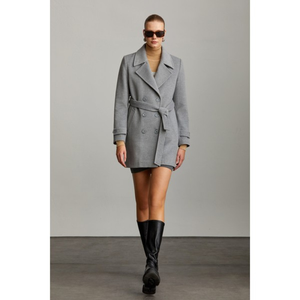 Saykı Woman Gri Slim Fit Düz Mono Yaka Kruvaze Kemerli Yünlü Basic Kaşe Manto Kadın Kaban Fiyatı