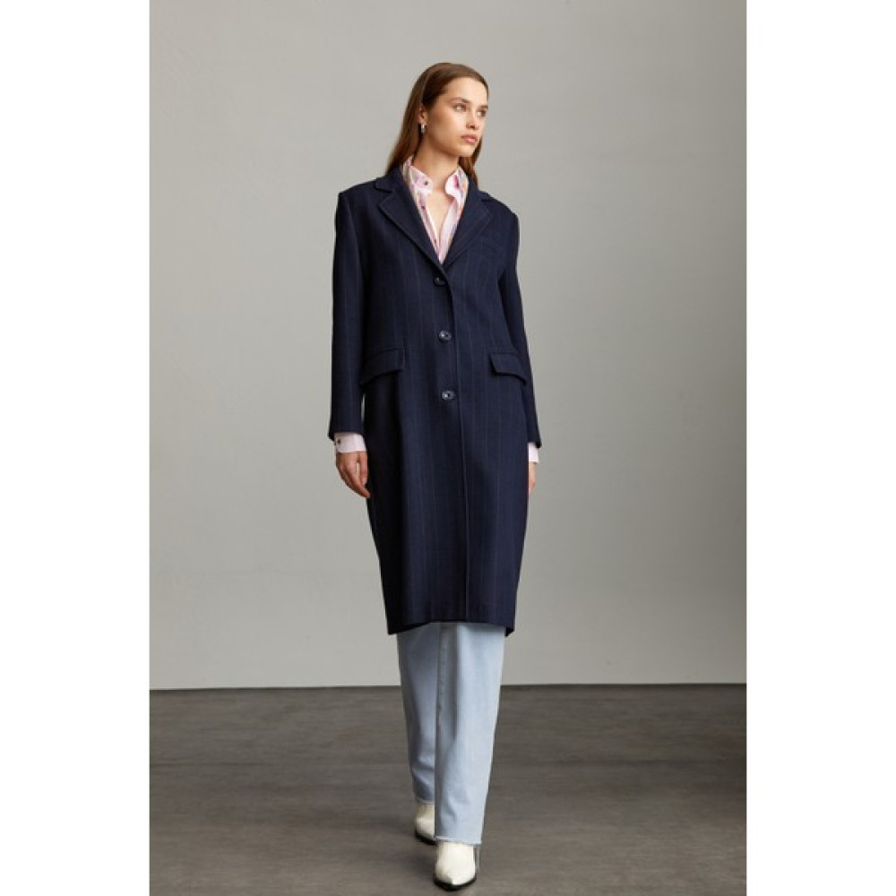 Saykı Woman Lacivert Slim Fit Çizgili Mono Yaka Basic Isabella Manto Kadın Kaban Fiyatı