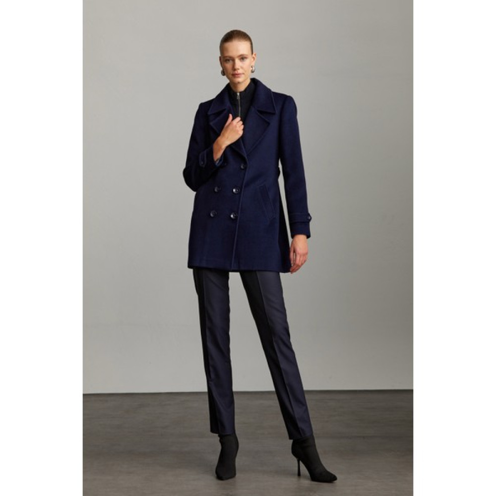 Saykı Woman Lacivert Slim Fit Düz Mono Yaka Kruvaze Kemerli Yünlü Basic Kaşe Manto Kadın Kaban Fiyatı
