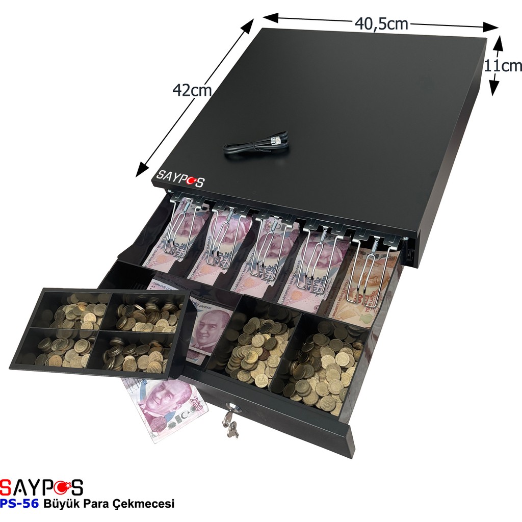 Saypos 5 Banknot Gözlü Pos Bağlantılı ve Anahtardan Açılır Büyük Para Çekmecesi 40,5x42x11 cm Manuel ve Otomatik Açılabilir Diğer Fiyatı