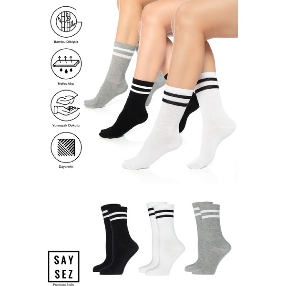 Saysez Bambu Unisex Tenis Kolej Çizgili Premium Dikişsiz Soket Çorap 3'lü Paket / Spor - Günlük Kullanım Çorap (Outdoor) Fiyatı