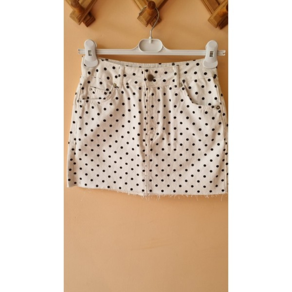 Şaziye Butik Beyaz Puantiyeli-Cepli-Mini Kot Etek Etek Fiyatı