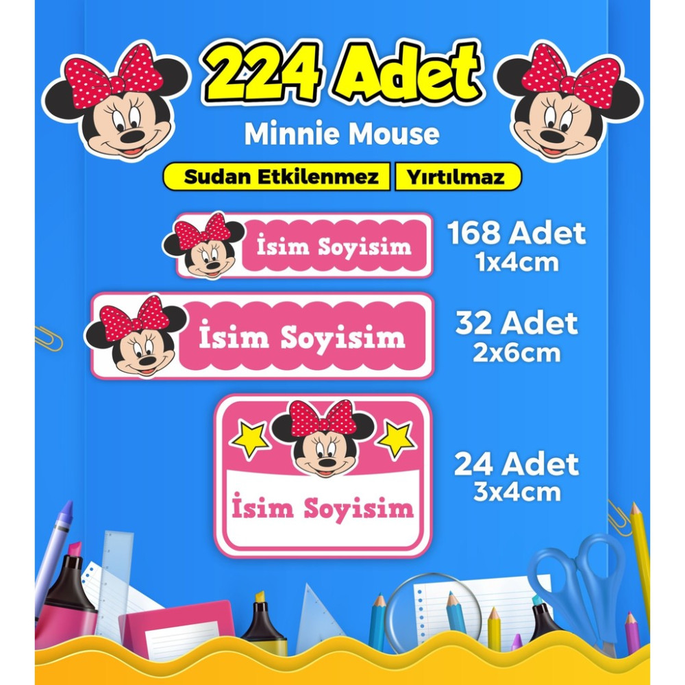 Sb Store Minnie Mouse Okul Kreş Etiketi Kalem Defter Özel Isim Yazılabilen Etiket Seti Model 14 - 224 Adet - Karışık-Çok Renkli Okul Etiketi Fiyatı