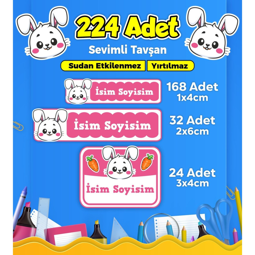 Sb Store Tavşan Okul Kreş İsim Etiketi Kalem Defter Özel İsim Yazılabilen Etiket Seti Model 1 - 224 Adet Okul Etiketi Fiyatı