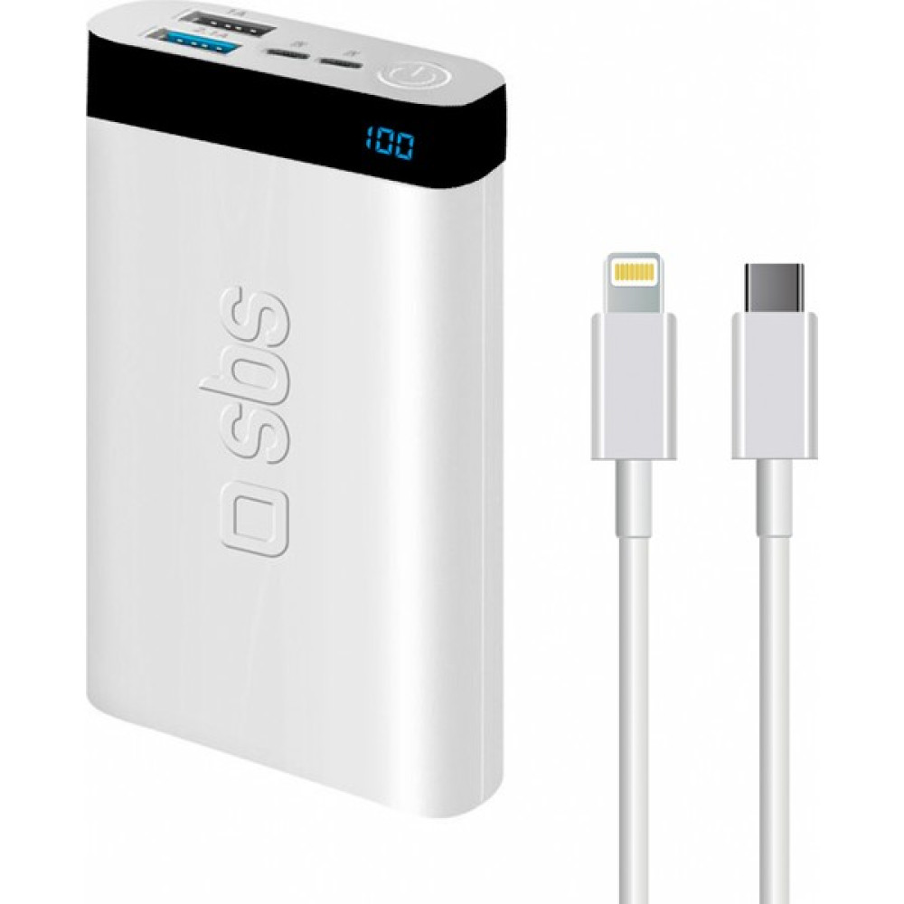 Sbs Intelligent Fast Charge 10.000MAH 2xusba + Type-C Çıkışlı LED Göstergeli 2m Type-C To Lightning Kablolu Powerbank Beyaz Taşınabilir Şarj Cihazı - Powerbank Fiyatı