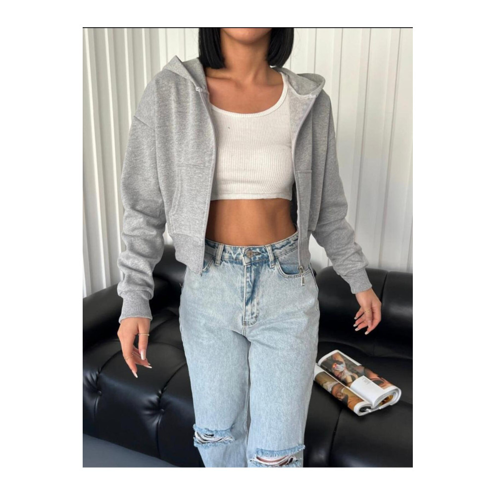 ŞÇ CLOTHES Gri Crop Kapüşonlu Hırka Fermuarlı XL Beden Kadın Hırka Fiyatı