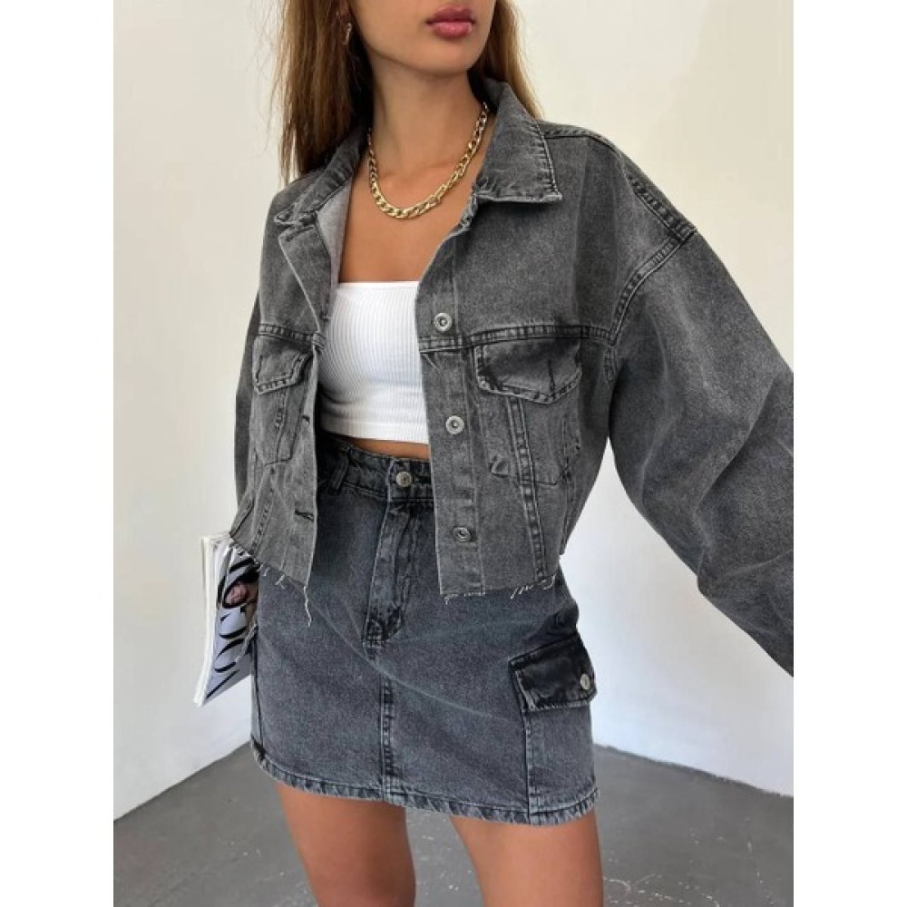 scatola di moda Çift Cepli Yıkamalı Crop Denim Ceket Bayan Ceket Fiyatı