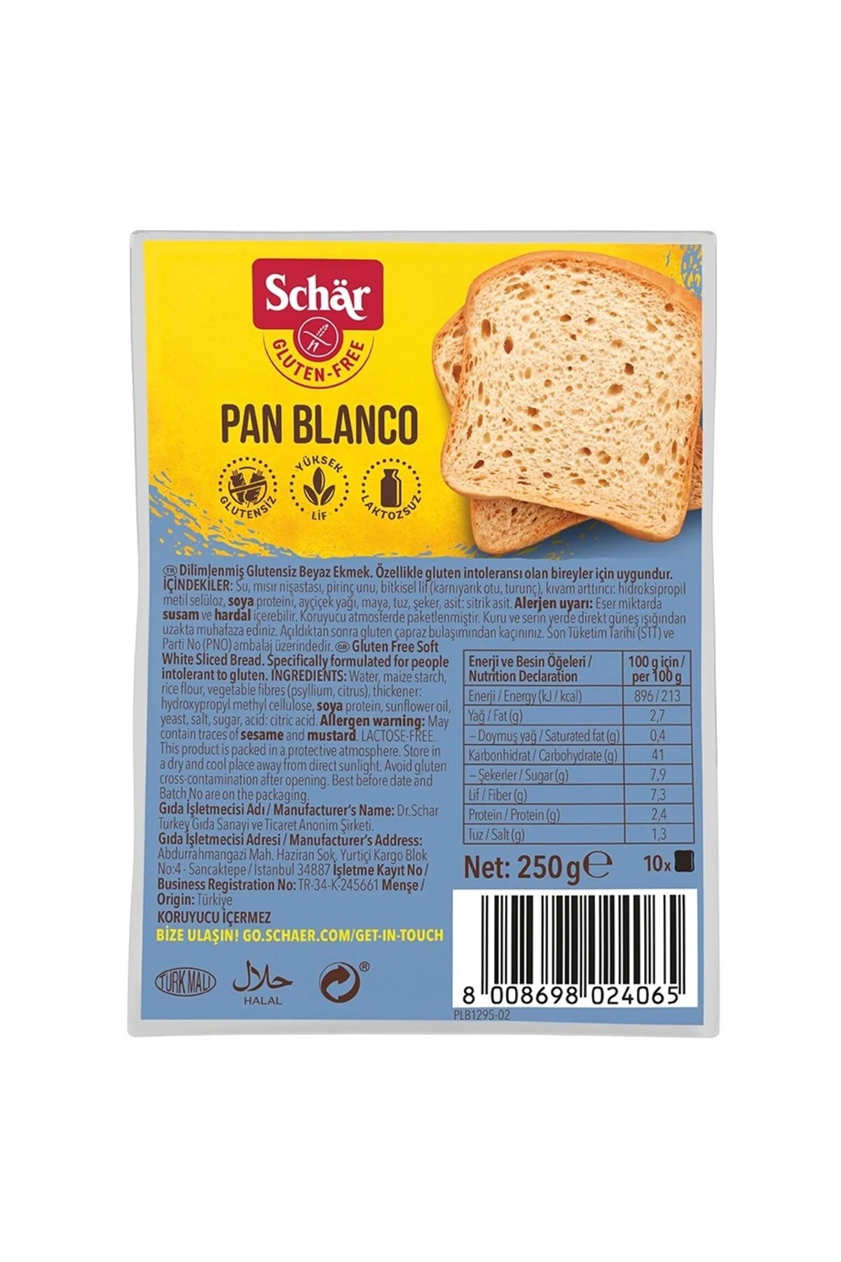 Schar Pan Blanco Glutensiz Beyaz Ekmek 250 gr (8 ADET)" İçecek Fiyatı