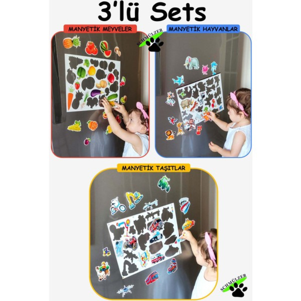 Schmülzer Buzdolabı Eğitici 3'lü Set Manyetik Hayvanlar / Meyveler /taşıtlar Manyetik Bultak Şablon Eğitici Eğitici Oyuncak Fiyatı