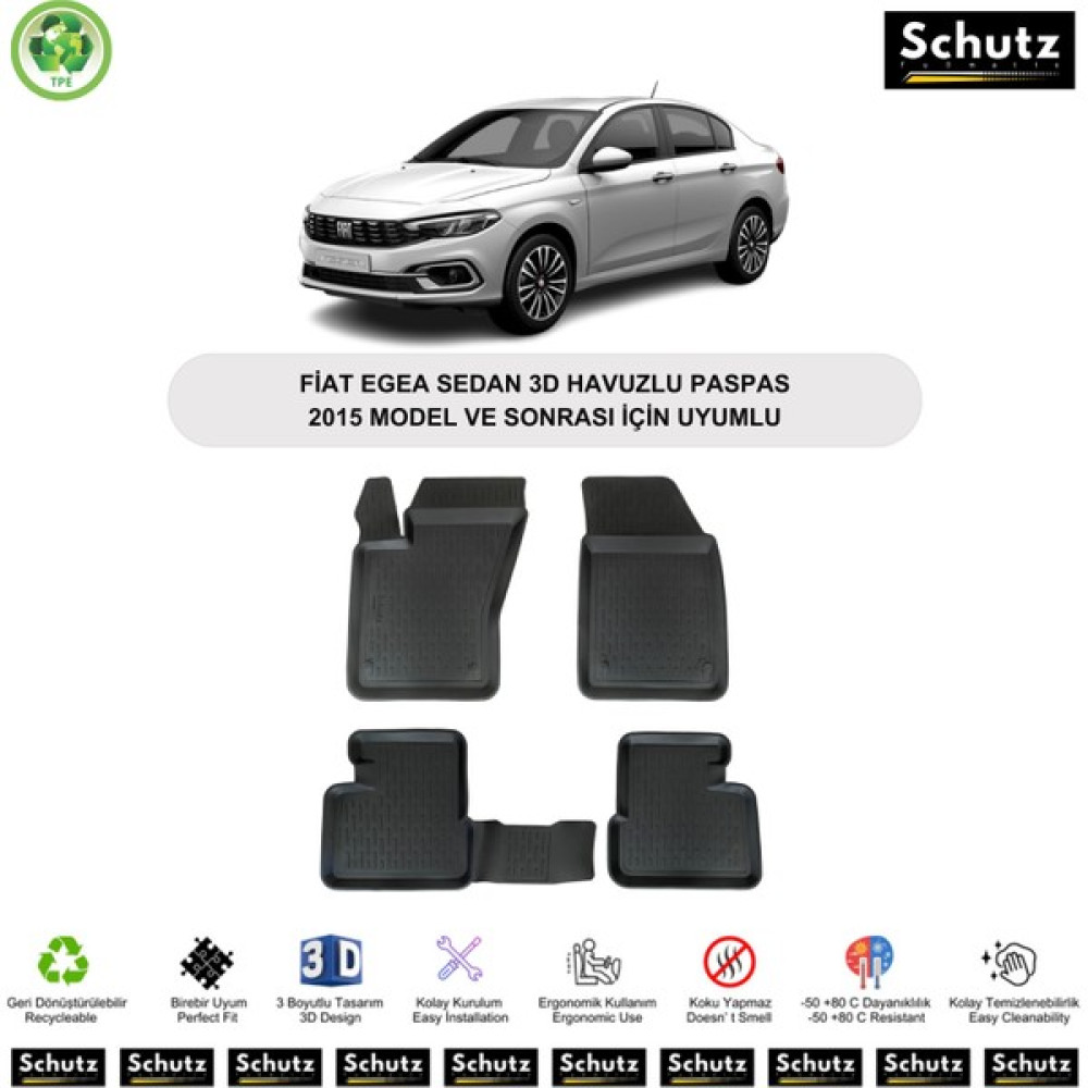 Schutz Fiat Egea Sedan 2015 Model ve Sonrası Için Uyumlu 3D Havuzlu Oto Paspas - Siyah Oto Boyaları Fiyatı