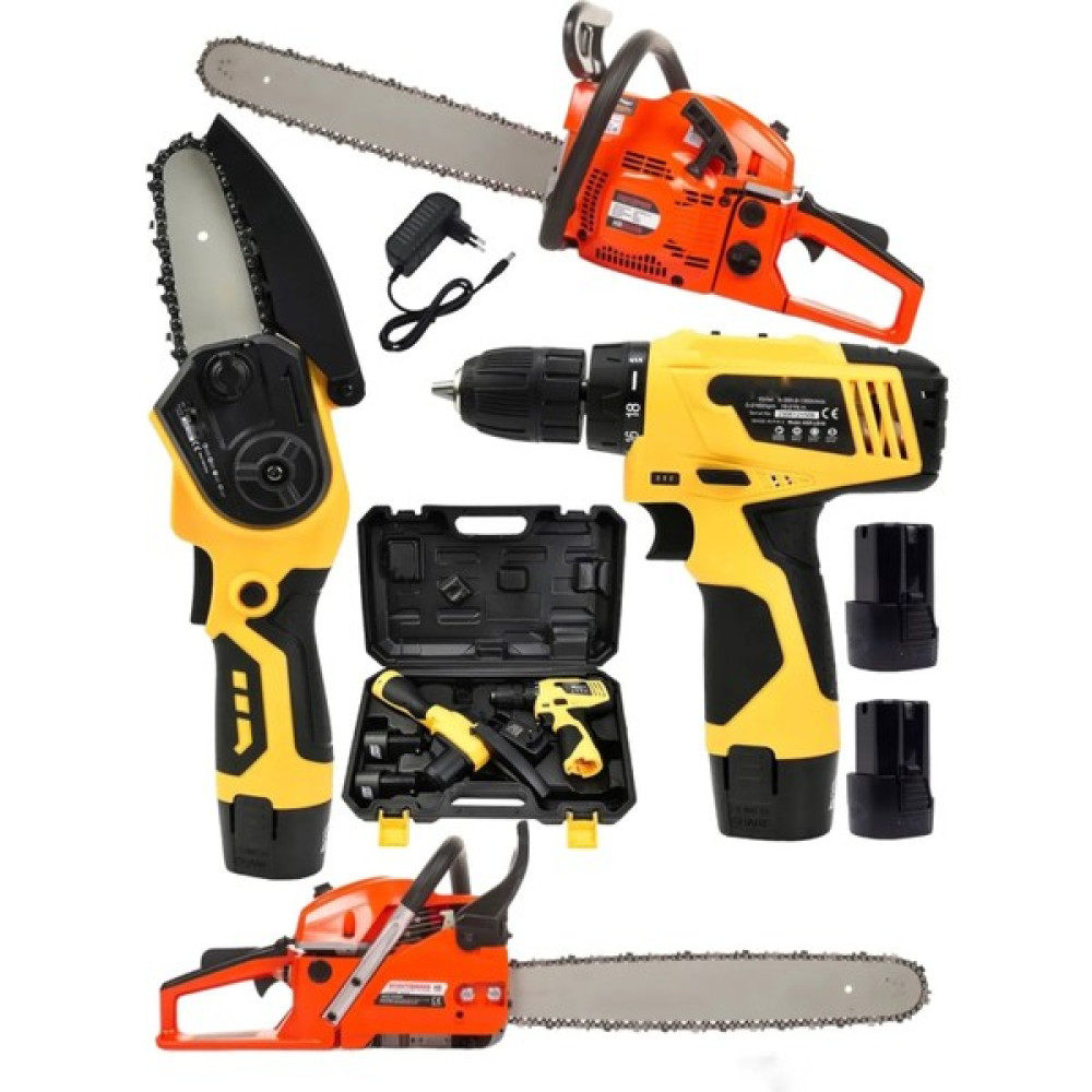 SCHUTZENGER 3'lü Set 9 Hp Benzinli Odun Ağaç Kesme Hızar Motoru- 58VF Şarjlı Dal Budama Şarjlı Matkap Vidalama Bahçe Makinesi Fiyatı