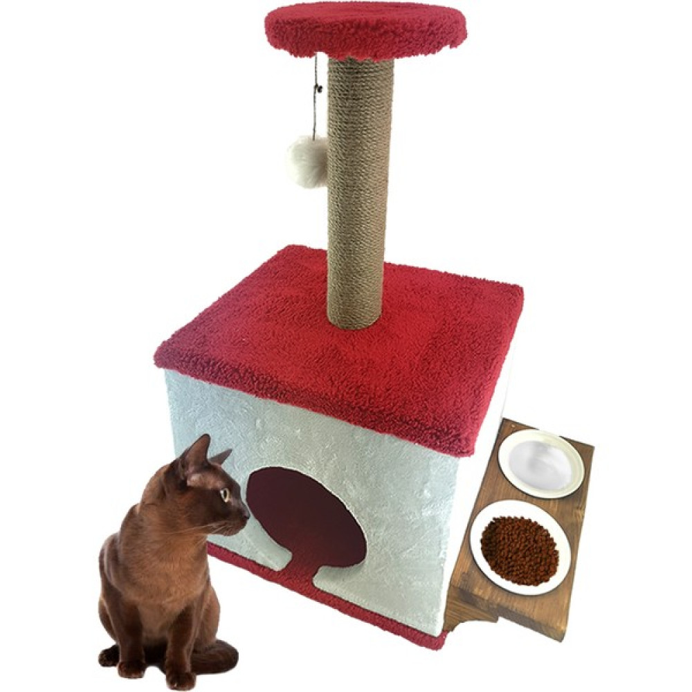 Sdy Pet Kare Kedi Evi Ikili Seramik Mama Kabı ve Tırmalama Platformu - Kırmızı Evcil Hayvan Ürünleri Fiyatı