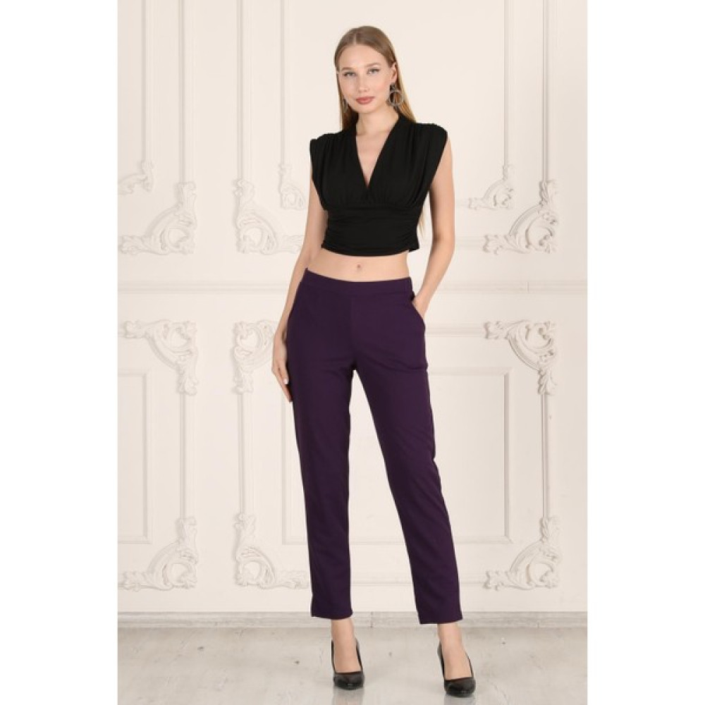 Sea Moda Beli Lastikli Cepli Krep Skuba Havuç Kesim Pantalon-Mor Kadın Pantolon Fiyatı