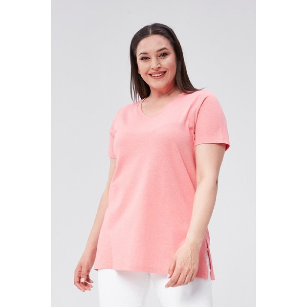 Sea Moda Büyük Beden V Yaka Yırtmaçlı Pamuk Basic Tshirt-Mercan Bayan T-shirt Fiyatı