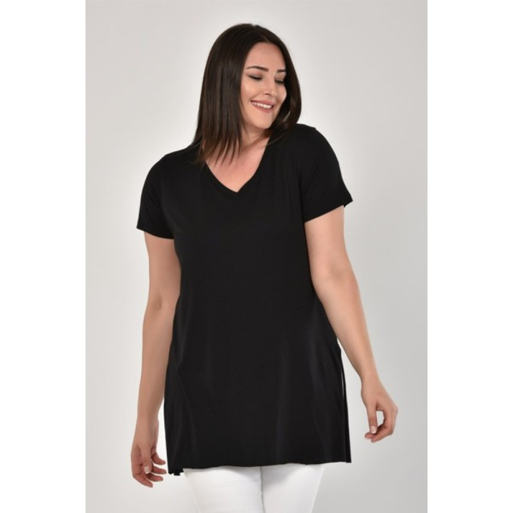 Sea Moda Büyük Beden V Yaka Yırtmaçlı Pamuk Basic Tshirt-Siyah Bayan T-shirt Fiyatı