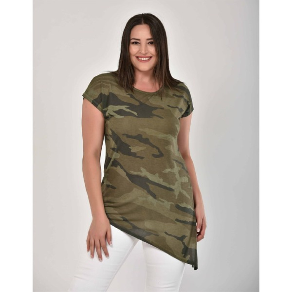 Sea Moda Kamuflaj Desen Yandan Yırtmaçlı Yağ Yıkama Tunik Haki Bayan T-shirt Fiyatı