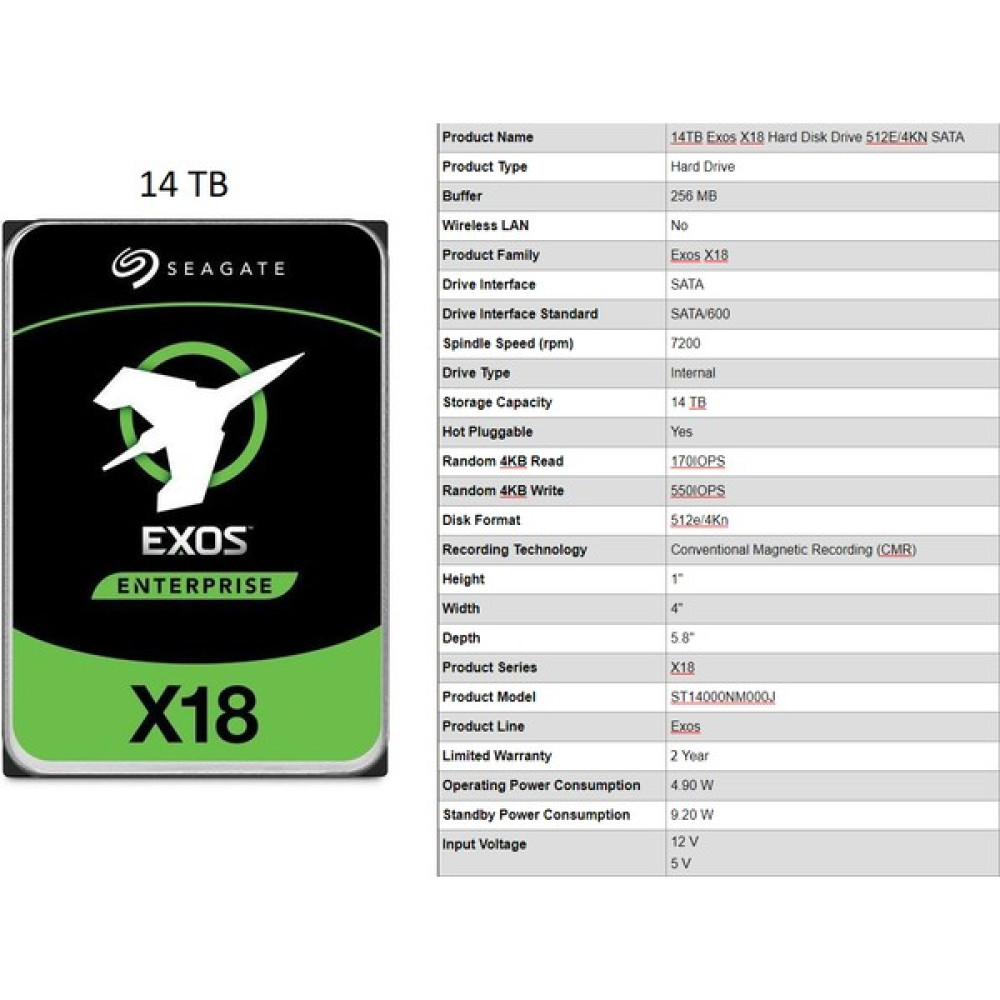 Seagate 14TB ST14000NM000J - Sata 3.5-Inch HDD Exos X18 Enterprise 512E/4KN Sata 6.0gb/s 7200RPM 256MB Sabit Diskler Fiyatı