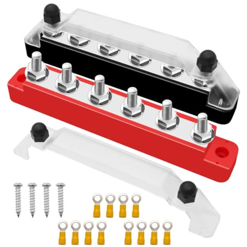 Seamaka (Red+Black) Power Distribution Terminal Block with Cover with 6 x 1/4” (M6) Post,Battery 12V Bus Bar with Ring Terminals for Car Boat Marine