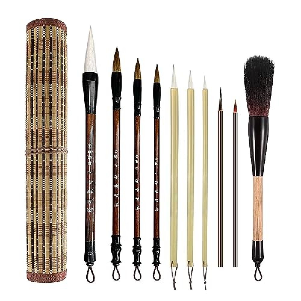 SEAMEW 10-Piece Chinese Calligraphy Brush Set - Premium Writing Brushes with Roll-up Bamboo Brush Holder