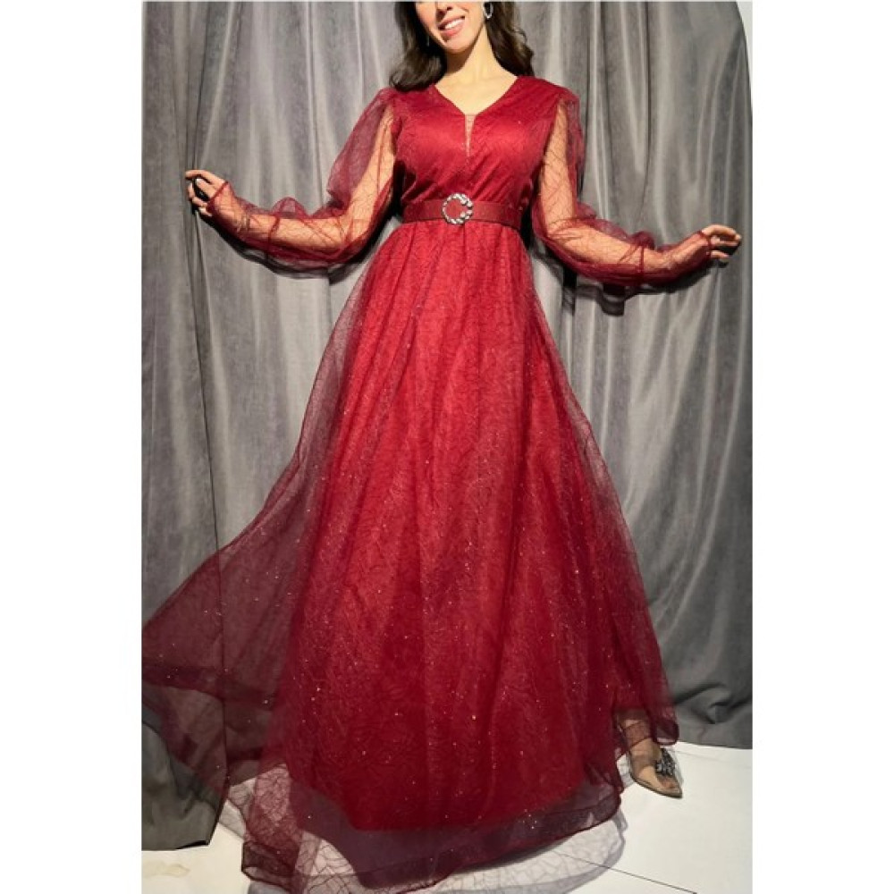 Seasons Butik Kadın Kemer Detay Tül Parlak Bordo Büyük Beden Abiye Elbise Elbise Fiyatı