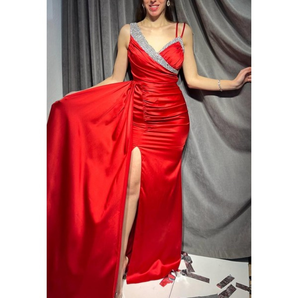 Seasons Butik Kadın Yırtmaçlı Balık Kesim Taşlı Saten Abiye Elbise Gece Elbisesi Evenıng Dress Elbise Fiyatı