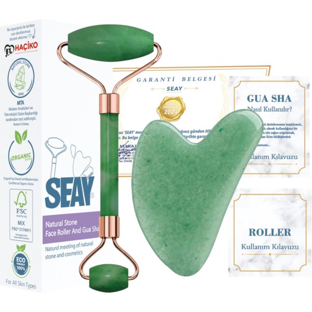 Seay Aventurin Roller + Kalp Guasha Yüz Masaj Taşı Gençleştirici Premium Doğaltaş Face Roller - Yeşil Masaj Cihazları Fiyatı