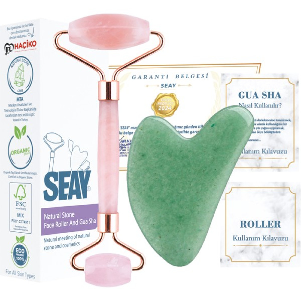 Seay Pembe Kuvars Face Roller & Aventurin Guasha Yüz Masaj Aleti Premium - Yeşil Masaj Cihazları Fiyatı