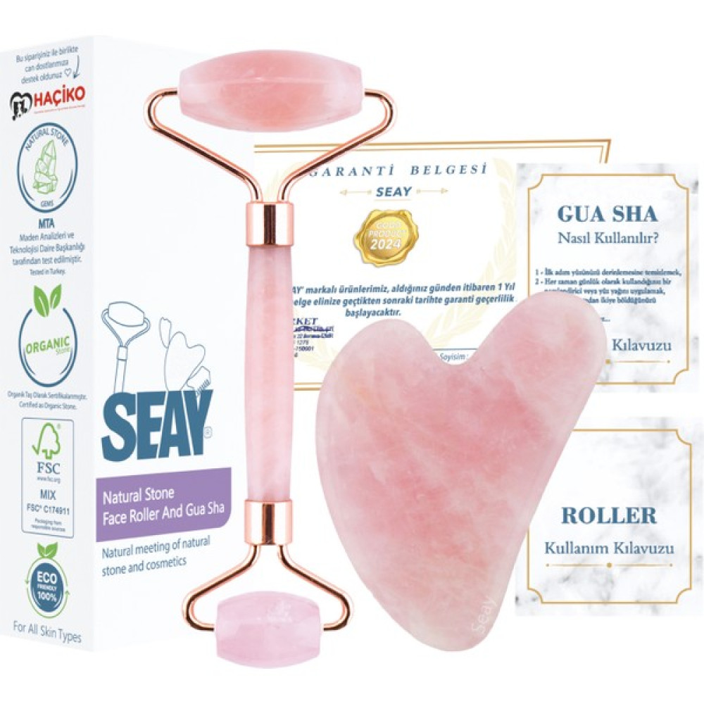 Seay Pembe Kuvars Quartz Facee Roller Kalp Guasha Ikili Set Face Roller Doğal Taş Masaj Cihazları Fiyatı