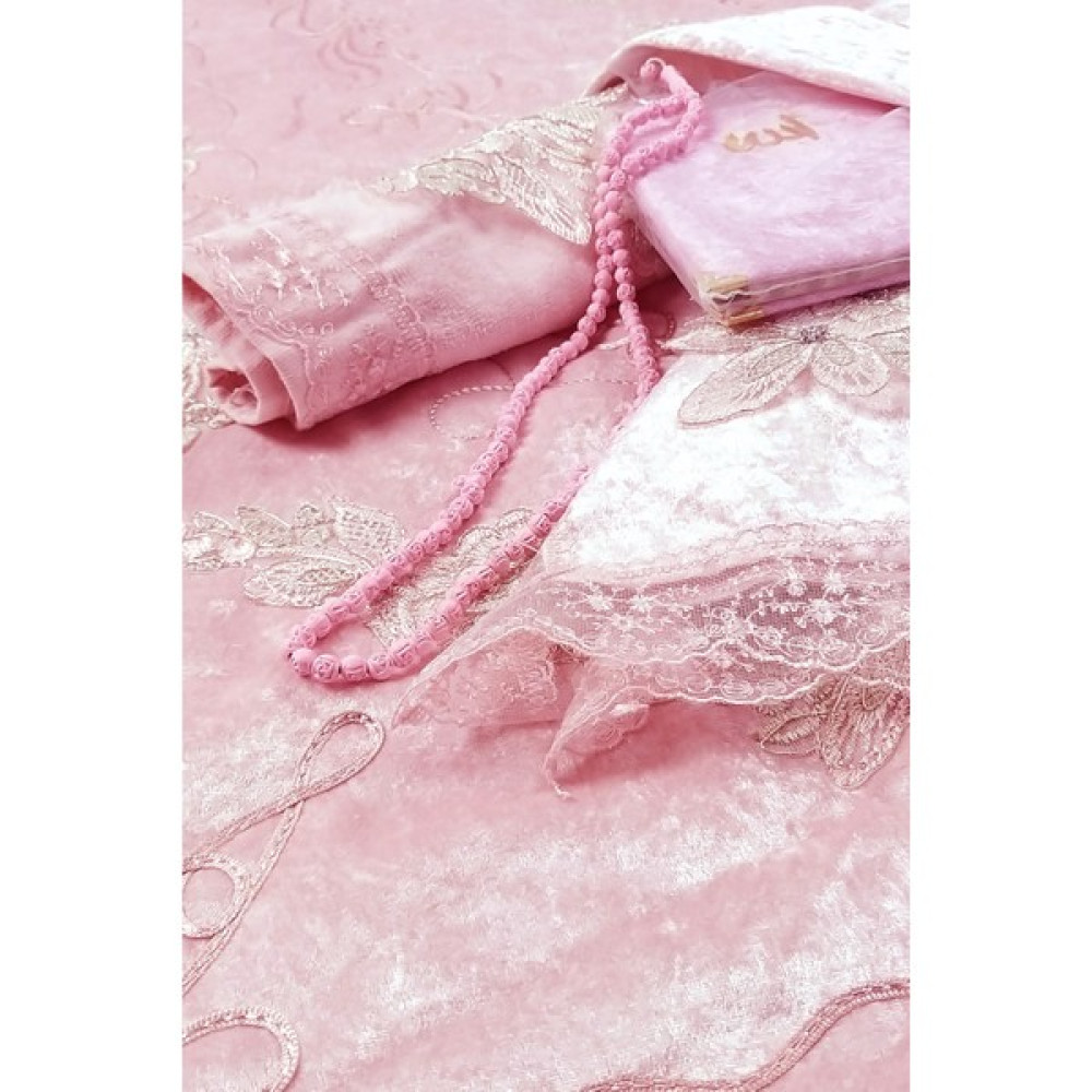 Seccade Çeyiz Seti Kadife Dantelli 6 Lı Takım Seccade Havlu Bohça Kuran Kılıfı Tespih Kılıflı Yasin Kitabı - Pembe - 70 x 120 cm Seccade Fiyatı