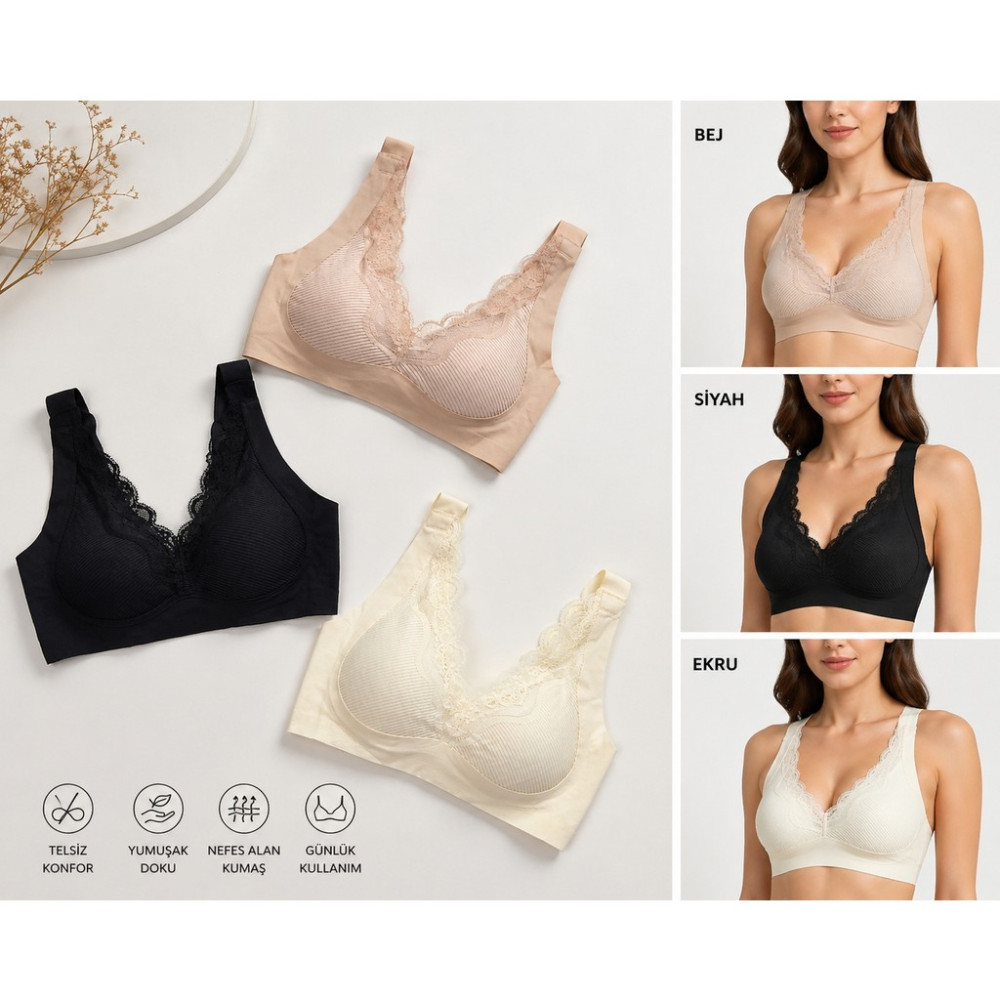 Seçkin Bej, Siyah ve Ekru 3'lü Dikişsiz Dantelli Telsiz Toparlayıcı Bralet Sütyen Fiyatı