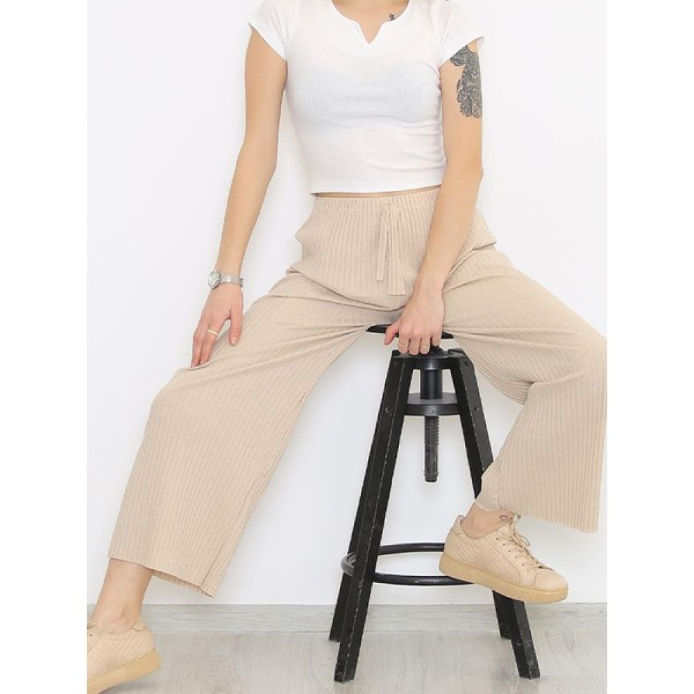 Secret Moda Yüksek Bel Yumuşacık Fitilli Beli Lastikli Günlük Rahat Kadın Pantolon Krem Kadın Pantolon Fiyatı