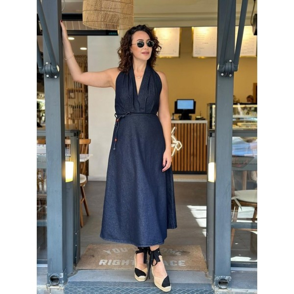 Seda Aslan Butik Boyundan Bağlamalı Belden Kuşaklı Denim Elbise Elbise Fiyatı
