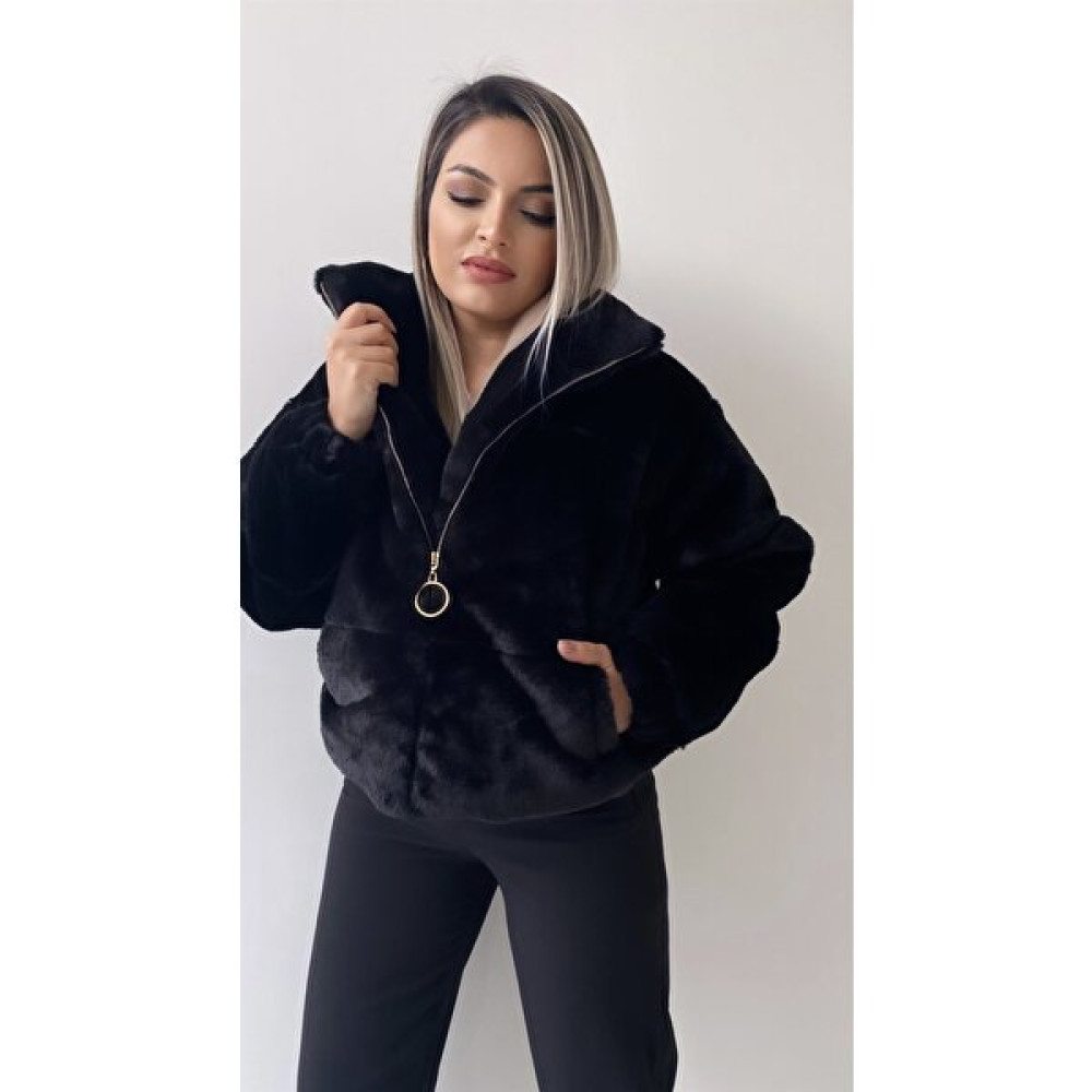 Seda Fidan Butik Gold Fermuarlı Kısa Peluş Mont Siyah Bayan Mont Fiyatı