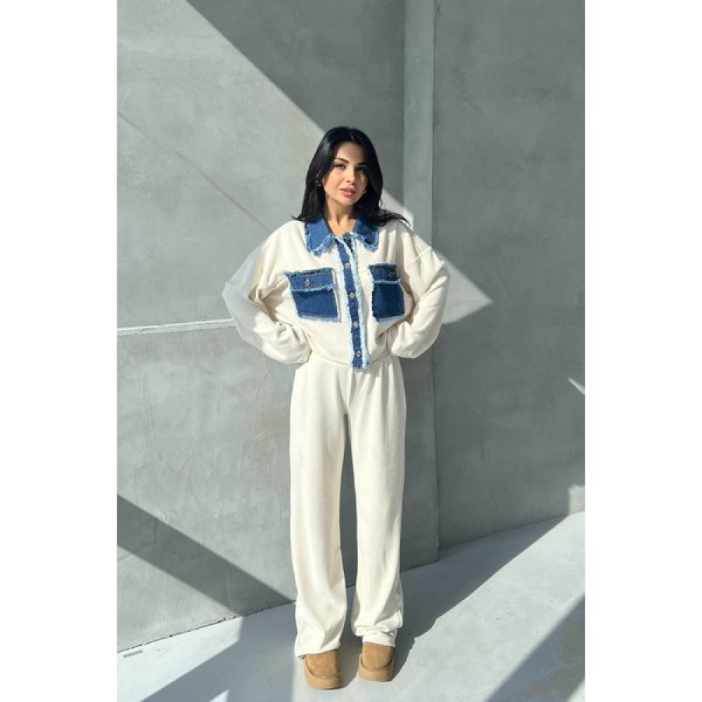 Seda Yalçın Atelier Bej Denim Garnili Tasarım Pantolon Gömlek Takım Kadın Giyim Fiyatı