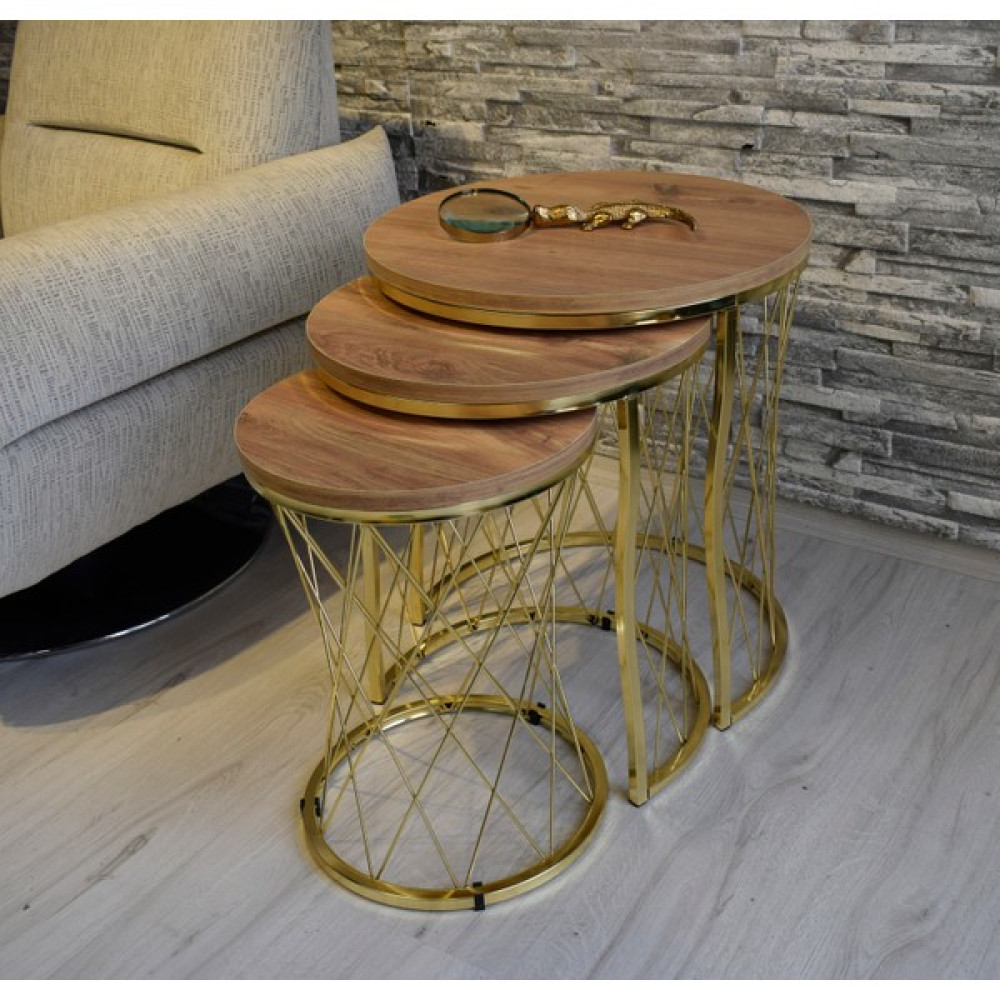 Sedaş Living Units 3 Lü Açık Ceviz Ahşap Gold Ayaklı Hasır Telli Zigon Sehpa Ceviz-Sedaş-Zigon Zigon Sehpa Fiyatı