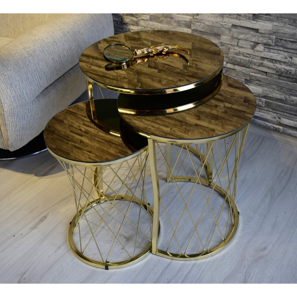 Sedaş Living Units 3 Lü Bronz Ayna Gold Ayaklı Hasır Telli Zigon Sehpa Sedaş-Zigon-Gold Yan Sehpa Fiyatı