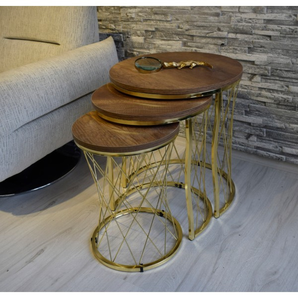 Sedaş Living Units 3 Lü Koyu Ceviz Ahşap Gold Ayaklı Hasır Telli Zigon Sehpa Ceviz-Sedaş-Zigon Zigon Sehpa Fiyatı