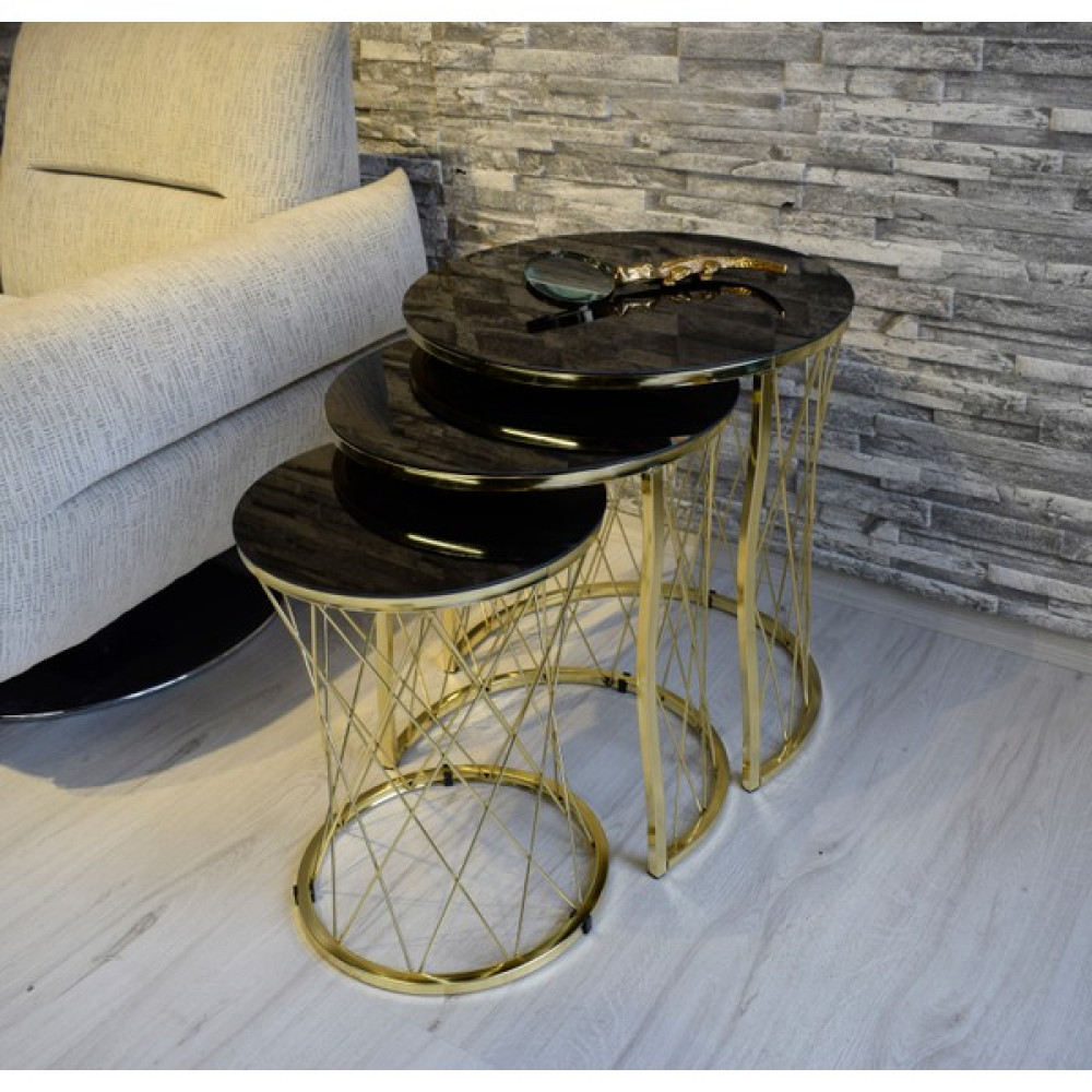Sedaş Living Units 3 Lü Siyah Aynalı Temperli Cam Gold Ayaklı Hasır Telli Zigon Sehpa Sedaş-Zigon-Gold Zigon Sehpa Fiyatı