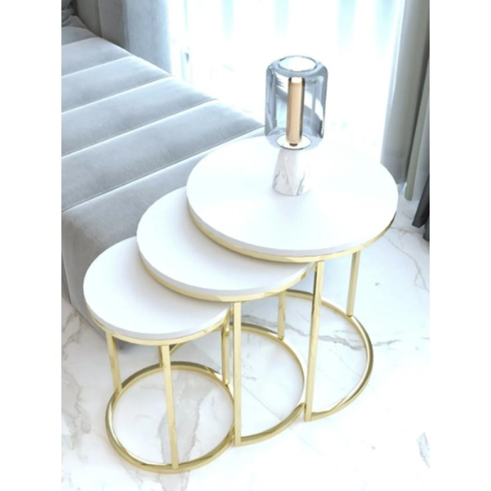 Sedaş Living Units 3'lü Beyaz Ahşap (Suntalam) Metal C Ayak Zigon Sehpa Sedaş-Zigon-Sehpa - GOLD AYAK Zigon Sehpa Fiyatı