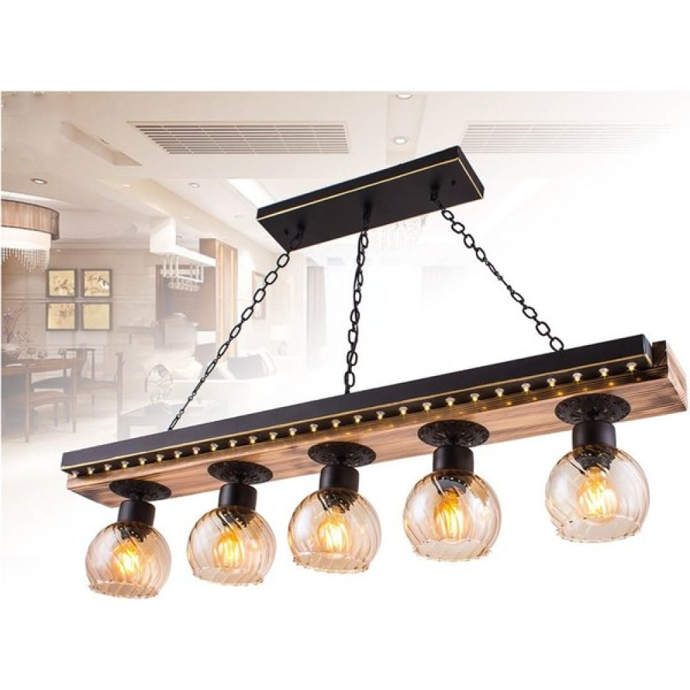 Sedef 5'li E27 Duy Siyah Renk Metal Eskitme Ahşap Retro Bal Camlı LED Tepsili Sıralı Sarkıt Avize Avize Fiyatı