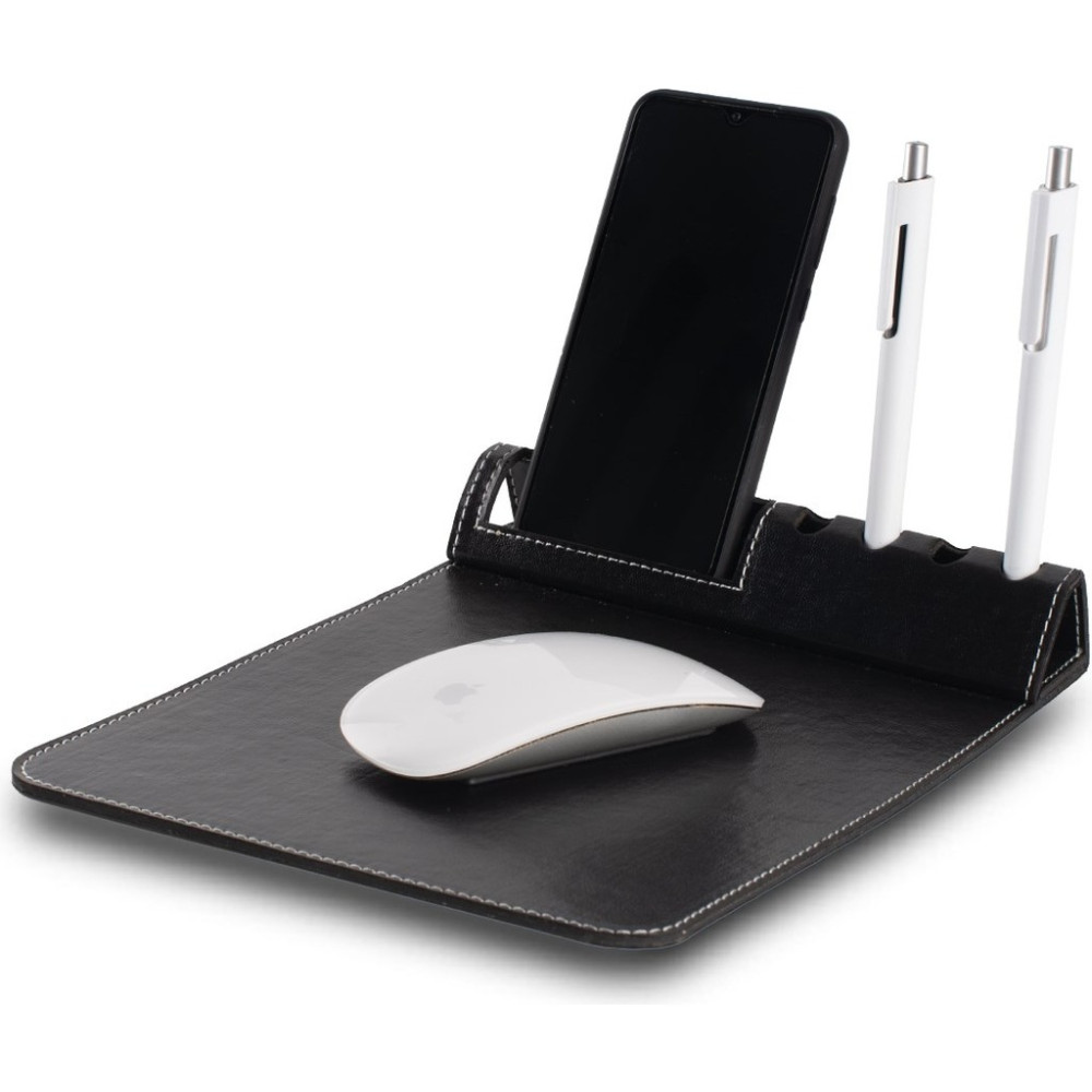 Sedef Silver Telefon Tutacaklı ve Kalemlik Bölmeli Suni Deri Mouse Pad | Şık ve Fonksiyonel Masa Aksesuarı - Siyah Mouse Pad Fiyatı