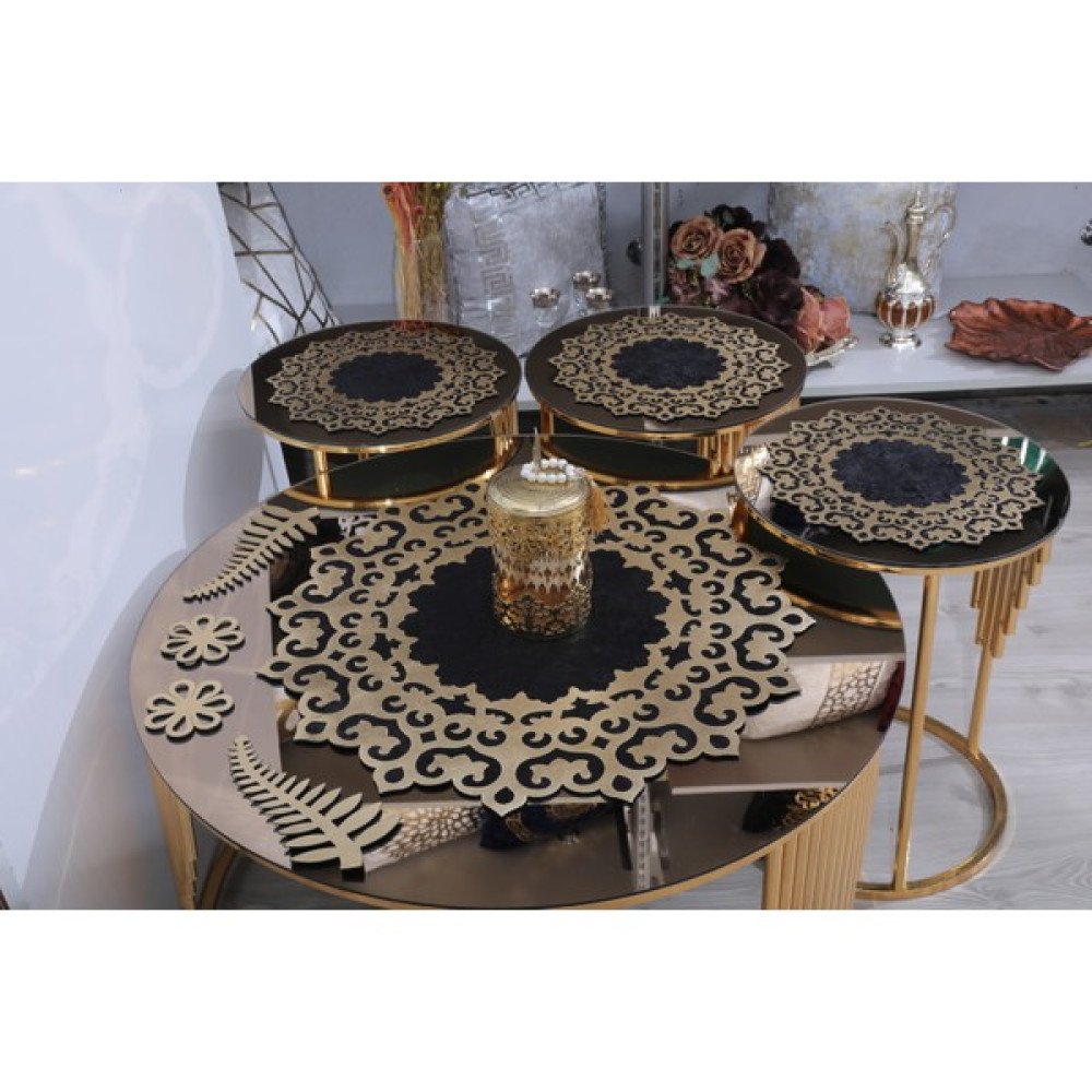 Sehpa Örtü Seti/1 Ad Orta Sehpa Runnerı (60CM)/3 AD(33CM)ZIGON Örtüsü/siyah Kadife/gold Işlemeli/4 Parça - 33 x 33 cm - Siyah Masa Örtüsü Fiyatı