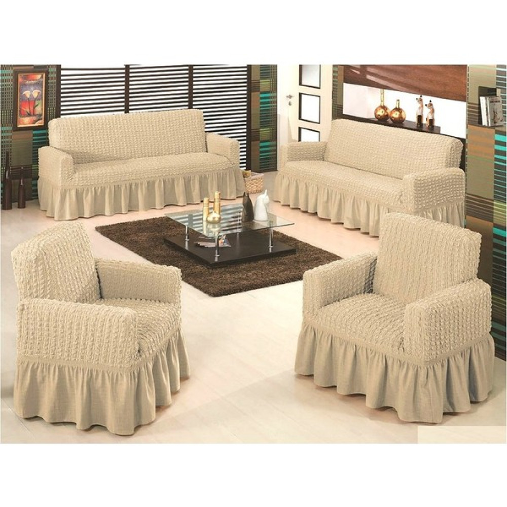 Sehra Bürümcük Koltuk Kanepe Örtüsü Takımı Lastikli Etekli 3+3+1+1 Koltuk Örtüsü - Açık Bej - 180 x 230 cm Koltuk & Kanepe Örtüsü Fiyatı