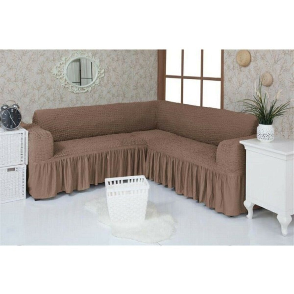 Sehra Bürümcük Köşe Koltuk Örtüsü Standart Lastikli Etekli L Koltuk Takımı L Köşe Koltuk Örtüsü - 180 x 350 cm - Açık Kahverengi Koltuk & Kanepe Örtüsü Fiyatı