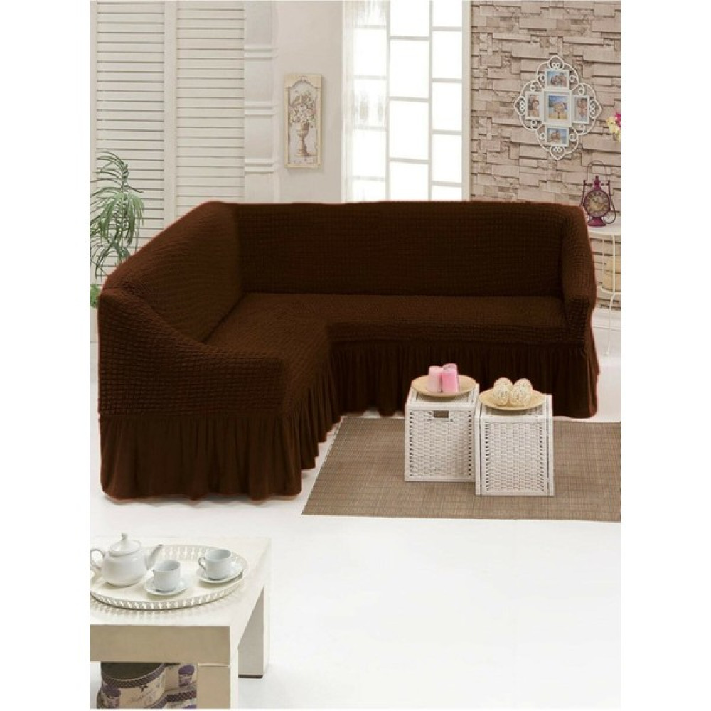 Sehra Bürümcük Köşe Koltuk Örtüsü Standart Lastikli Etekli L Koltuk Takımı L Köşe Koltuk Örtüsü - 180 x 350 cm - Koyu Kahverengi Koltuk & Kanepe Örtüsü Fiyatı