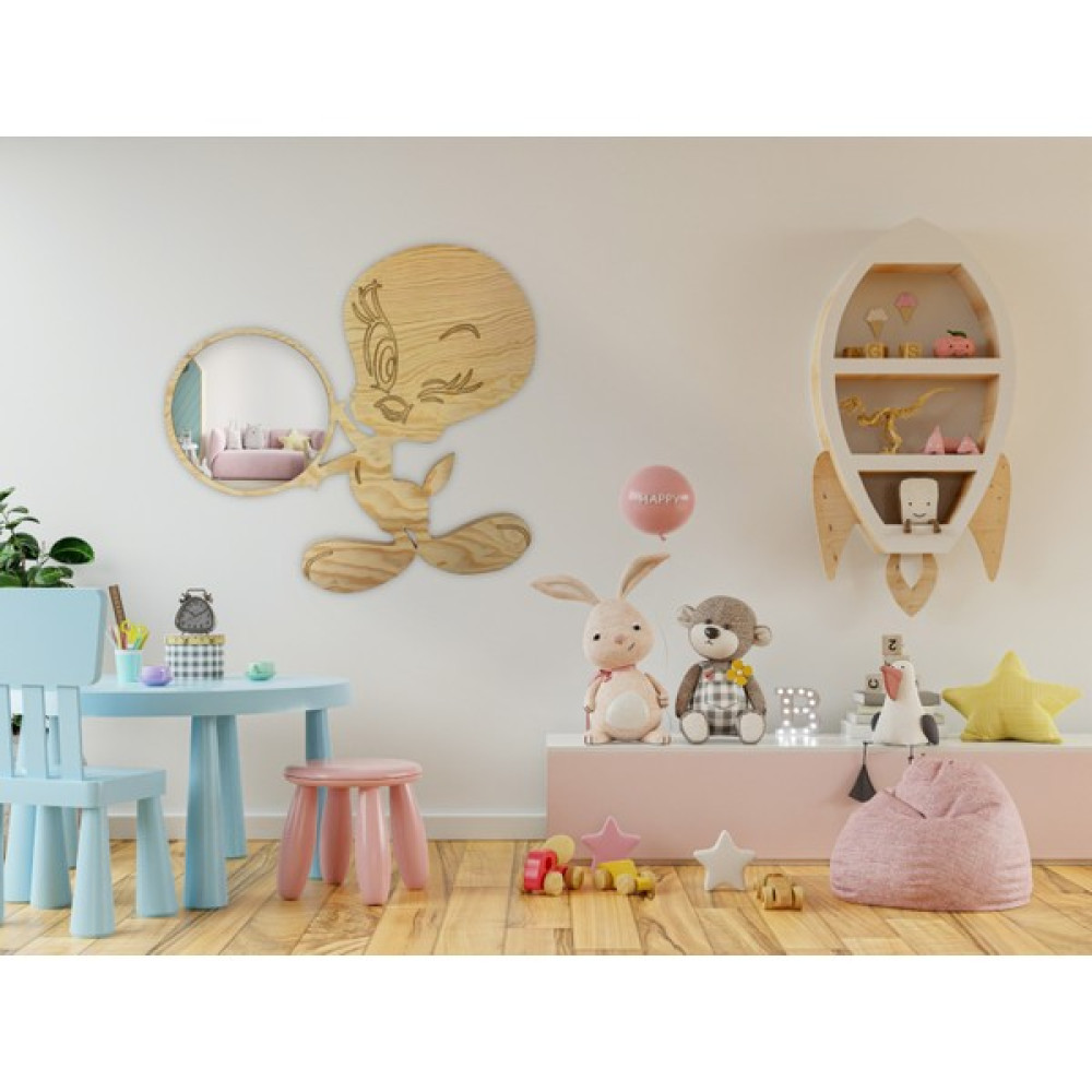 Şeker Marangoz Ahşap Kırılmaz Çerçeve Çocuk Odası Dekor Tweety Ayna 60 x 70 cm - Doğal Ayna Fiyatı